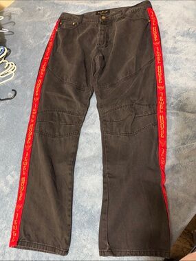 Black Cargo Pants with Red Side Tape Trim